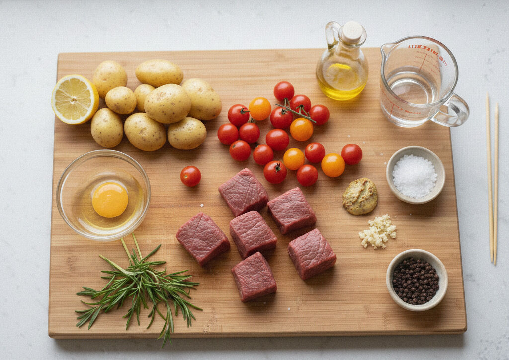 Beef skewer ingredients on a cutting board